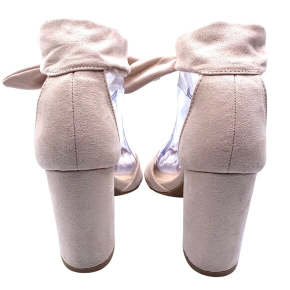 Lulus Ankle Bow Tie Peep Toe Ankle Sandals Faux Suede Block Heel 6.5 Dusty Pink - Picture 6 of 8